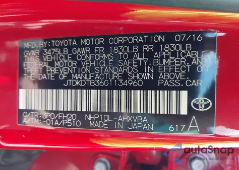 2016 Toyota Prius C One z USA, uszkodzony, nr VIN JTDKDTB36G1134960